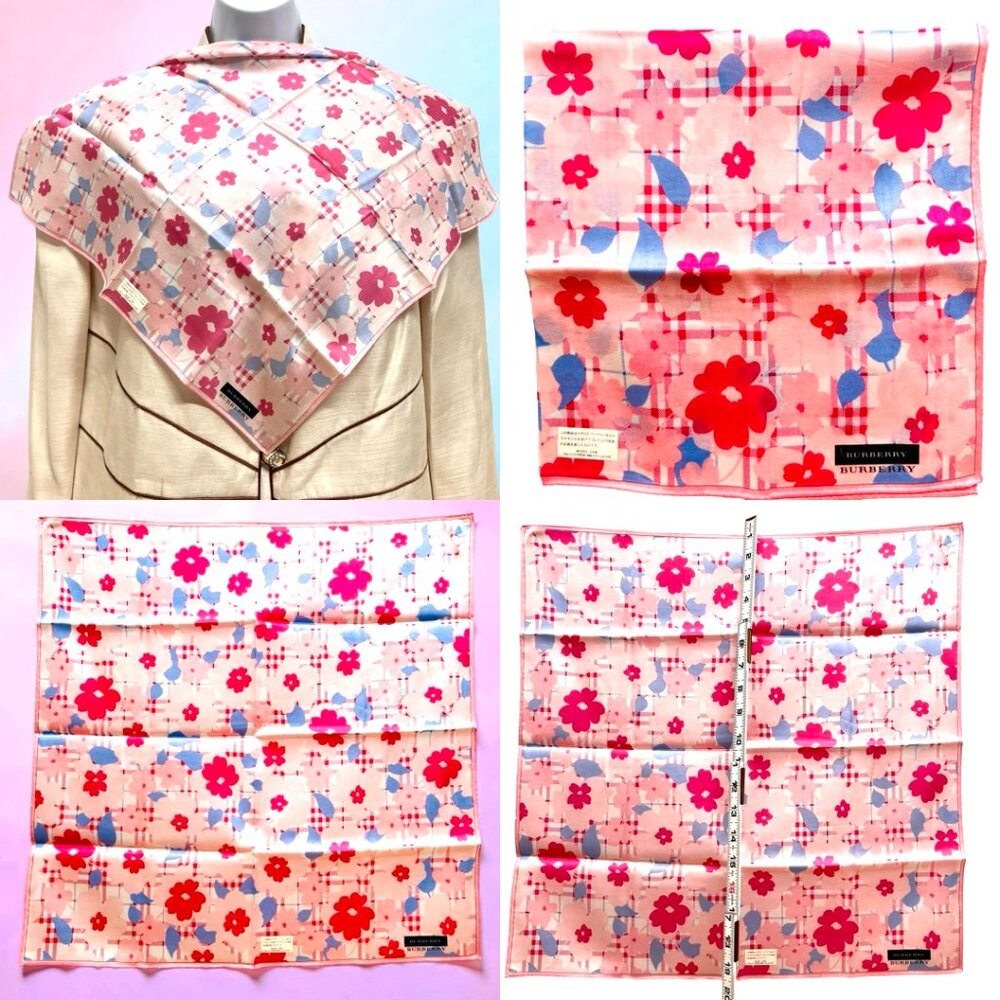 New Burberry Miniscarf/handkerchief 19. 5"cotton/silkpink blue floral check (32) - Picture 2 of 12